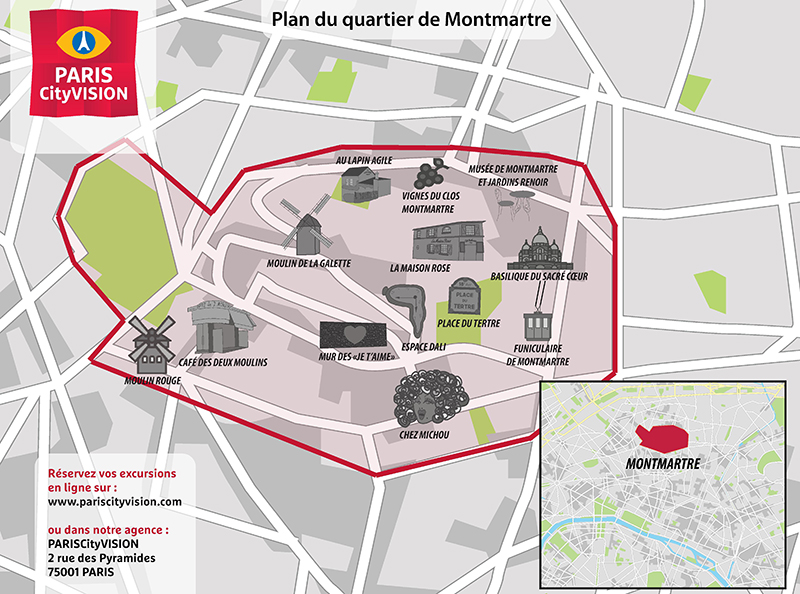 Plan de Montmartre à télécharger places, monuments PARISCityVISION